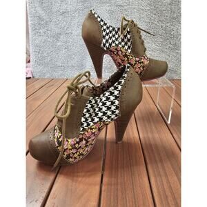 Hot Tomato Heels Houndstooth‎ Floral 6 M Cap Toe Ankle Bootie Boot Rockabilly